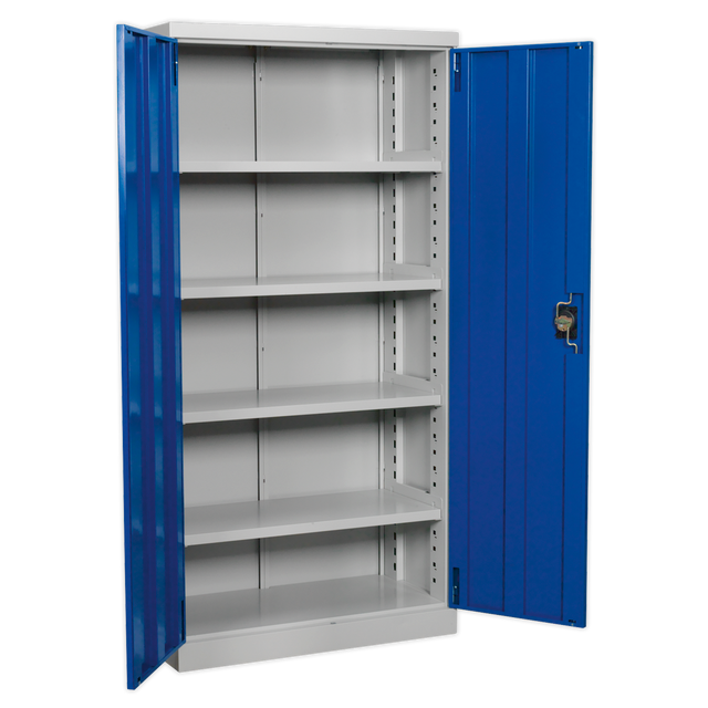 The Sealey Industrial Cabinet 4 Shelf 1800mm - APICCOMBOF4 features a freestanding design with a blue, reinforced steel door and four adjustable gray shelves, standing open to reveal the interior.