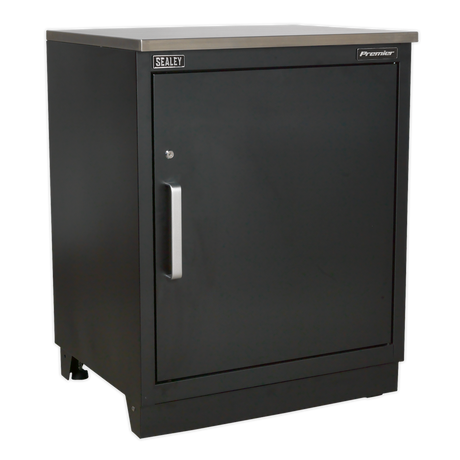 The Sealey Modular Floor Cabinet 1 Door 775mm Heavy-Duty - APMS01 from the Premier range features a black, steel construction with a stainless steel top. It includes a single door and a silver handle for secure storage and an adjustable shelf, making it perfect for any garage storage system.