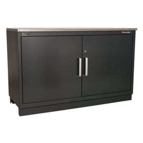 The Sealey "Modular Floor Cabinet 2 Door 1550mm Heavy-Duty - APMS02" is a versatile black metal storage cabinet featuring silver handles and a flat top surface. Constructed from durable steel, it includes an adjustable shelf for customizable storage space, making it perfect for any garage storage system.