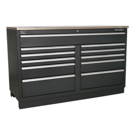 A large Sealey Modular Floor Cabinet, featuring 11 heavy-duty drawers, durable steel construction, and a flat top surface for garage storage systems.