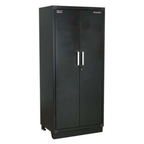 The Sealey Modular Full Height Floor Cabinet 930mm Heavy-Duty - APMS05 is a tall, black metal storage cabinet with two doors, silver handles, and adjustable shelves, making it perfect for a garage storage system.
