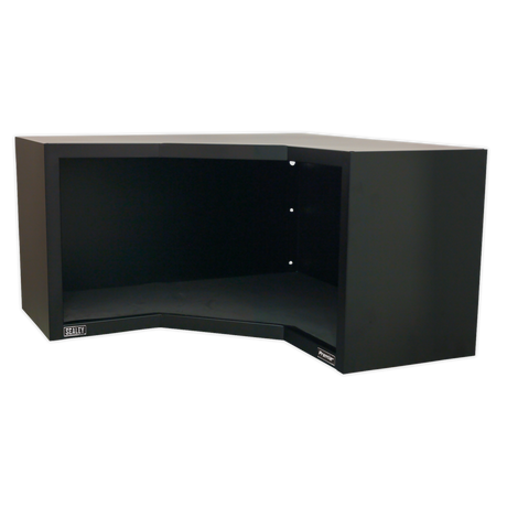 The Sealey Modular Corner Wall Cabinet 930mm Heavy-Duty - APMS16 features a durable steel construction with a sleek graphite powder coat, designed for corner placement in a room and boasting an open front and curved back for easy access.
