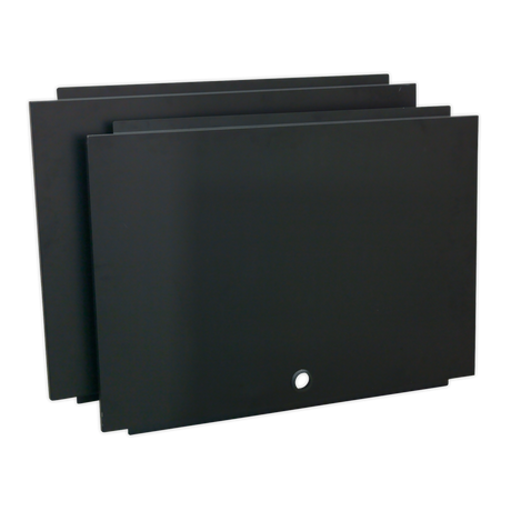 Three black rectangular panels stacked diagonally. The front panel features a small circular opening near the bottom edge, reminiscent of the sleek Sealey Back Panel Assembly for Modular Corner Wall Cabinet 930mm - APMS17.