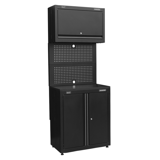 The Rapid-Fit 2 Door Cabinet & Wall Cupboard - APMS2HFP by Sealey is a tall, black storage solution complete with three secure compartments, elegant black MDF worktops, and a perforated pegboard panel in the middle.