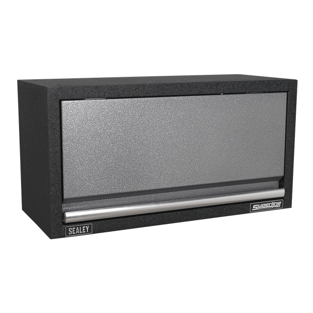 Introducing the Sealey Modular Wall Cabinet 680mm (APMS53), a black and gray unit equipped with a single pull-down door and gas struts for smooth operation.