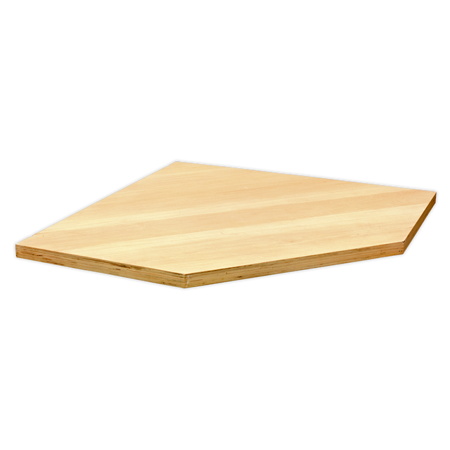A wooden home plate for baseball, depicted at a slight angle against a white background, reminiscent of the Pressed Wood Worktop from Sealey's Modular Corner Cabinet APMS60PW.