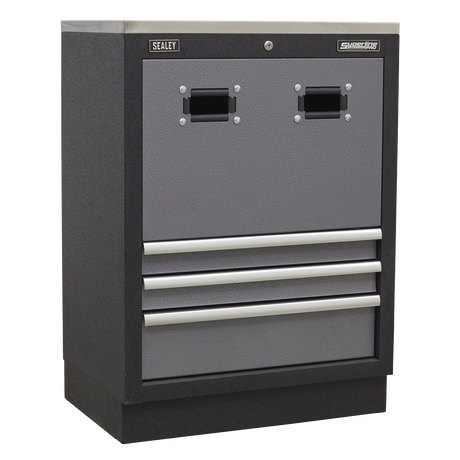 The Sealey Modular Reel Cabinet APMS63 in black and gray features three drawers and two square holes at the top for easy access, making it a perfect addition to your garage storage system.