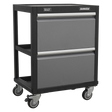 The Sealey Modular Mobile Workshop Trolley - APMS66 is a black and gray rolling tool cart featuring two drawers and four caster wheels, perfect for organizing your workshop items.