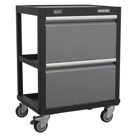 The Sealey Modular Mobile Workshop Trolley - APMS66 is a black and gray rolling tool cart featuring two drawers and four caster wheels, perfect for organizing your workshop items.