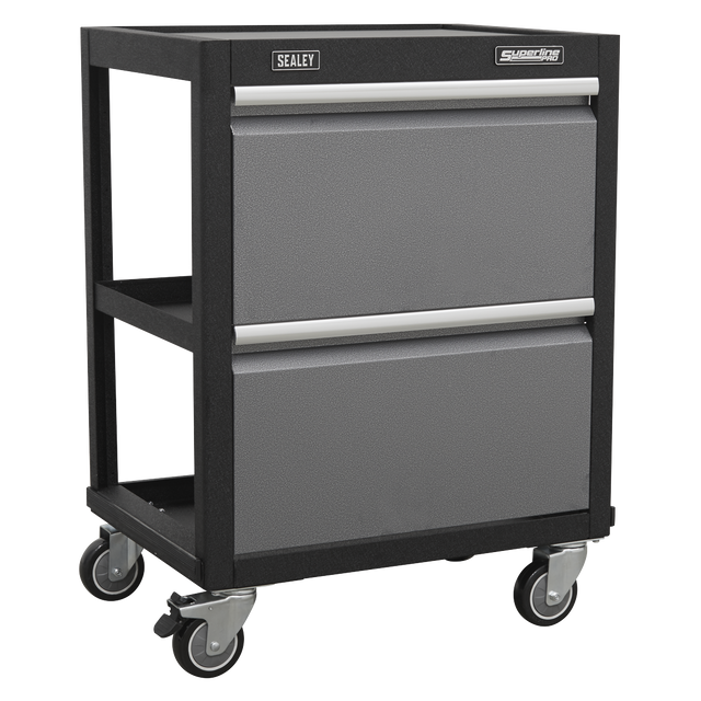The Sealey Modular Mobile Workshop Trolley - APMS66 is a black and gray rolling tool cart featuring two drawers and four caster wheels, perfect for organizing your workshop items.