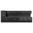 A row of black Heavy-Duty Modular Cabinets from Sealey, known as the Premier 5.6m Storage System - Oak Worktop - APMSOAK, includes two tall cabinets, three wall cabinets, and multiple drawers, all featuring sleek silver handles. These durable units come with a robust oak worktop and a 10-year guarantee.