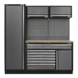 The Superline PRO® 1.96m Storage System - APMSSTACK09W by Sealey is a sleek black and gray modular tool storage solution that includes a vertical cabinet, a workbench with drawers and a pressed wood worktop, a pegboard, and two overhead cabinets, all highlighted by an elegant hammered metal finish.