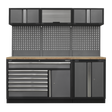Introducing the Sealey Superline PRO® Storage System (APMSSTACK11W) - a versatile workbench featuring multiple drawers, cabinets, and a tool pegboard. This system includes ball-bearing drawer slides and upper storage with both hinged and roll-up doors. It boasts a pressed wood worktop countertop in an elegant black and gray color scheme.