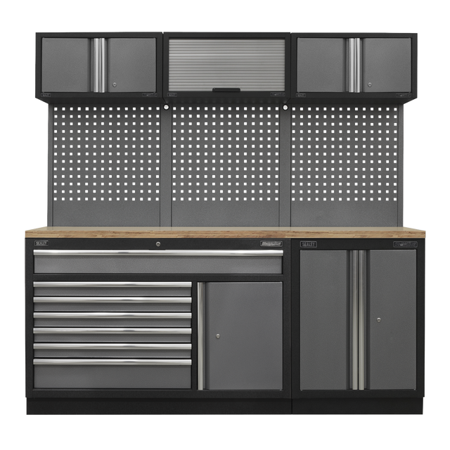 Introducing the Sealey Superline PRO® Storage System (APMSSTACK11W) - a versatile workbench featuring multiple drawers, cabinets, and a tool pegboard. This system includes ball-bearing drawer slides and upper storage with both hinged and roll-up doors. It boasts a pressed wood worktop countertop in an elegant black and gray color scheme.