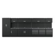The Sealey Premier 5.6m Storage System - Stainless Worktop (APMSSTEEL) features a black heavy-duty modular design with various compartments, drawers, and cabinets equipped with silver handles. It boasts a sleek, modern look and a durable stainless steel worktop. Additionally, it comes with a 10-year guarantee for added peace of mind.