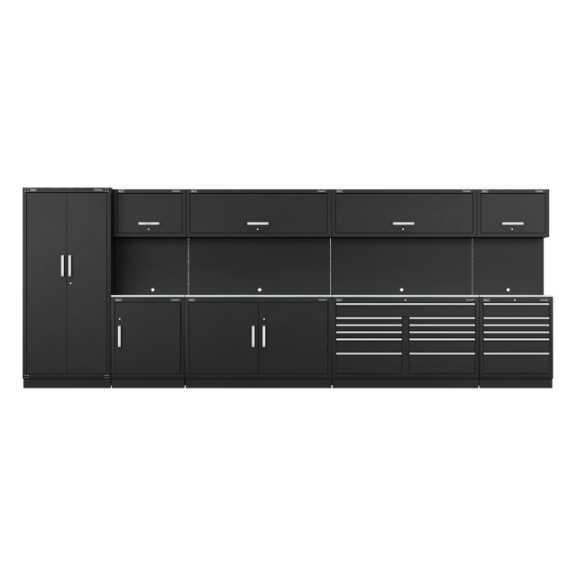 The Sealey Premier 5.6m Storage System - Stainless Worktop (APMSSTEEL) features a black heavy-duty modular design with various compartments, drawers, and cabinets equipped with silver handles. It boasts a sleek, modern look and a durable stainless steel worktop. Additionally, it comes with a 10-year guarantee for added peace of mind.