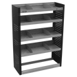 The Sealey Modular Flat Shelf Van Storage Unit 925mm - APMSV01 is a gray metal storage system with black side panels, featuring multiple shelves that are each divided into compartments.