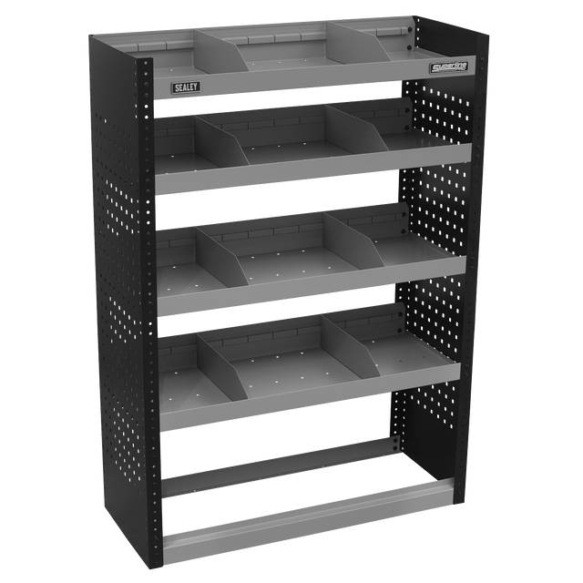 The Sealey Modular Flat Shelf Van Storage Unit 925mm - APMSV01 is a gray metal storage system with black side panels, featuring multiple shelves that are each divided into compartments.