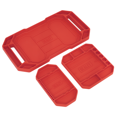 Introducing the Sealey Flexible Tool Trays Non-Slip - Pack of 3 - APNST4: a set of red plastic trays that come in three different sizes, featuring multiple compartments and carrying handles. These versatile trays are designed for organizing tools or small parts and are built to be oil and water-resistant, ensuring durability for tool storage in various environments.