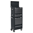 The Sealey Topchest, Mid-Box & Rollcab Combination 14 Drawer with Ball-Bearing Slides in black (model APSTACKTB) features a multi-drawer design on wheels, boasting heavy-duty ball-bearing drawer slides for smooth operation. The drawers come in various sizes and the tool chest is crafted from sturdy steel. It includes side handles for easy maneuvering and an upper compartment that is open, revealing an empty storage space.