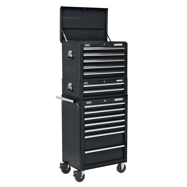 The Sealey Topchest, Mid-Box & Rollcab Combination 14 Drawer with Ball-Bearing Slides in black (model APSTACKTB) features a multi-drawer design on wheels, boasting heavy-duty ball-bearing drawer slides for smooth operation. The drawers come in various sizes and the tool chest is crafted from sturdy steel. It includes side handles for easy maneuvering and an upper compartment that is open, revealing an empty storage space.