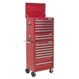 A red, heavy-duty Topchest, Mid-Box & Rollcab Combination 14 Drawer with Ball-Bearing Slides by Sealey, featuring its top compartment open.