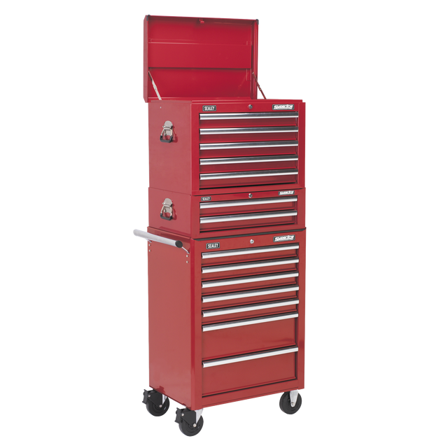 A red, heavy-duty Topchest, Mid-Box & Rollcab Combination 14 Drawer with Ball-Bearing Slides by Sealey, featuring its top compartment open.