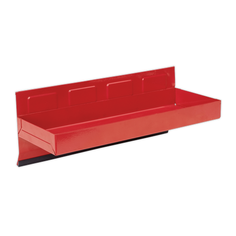 The Sealey Magnetic Tool Storage Tray 310 x 115mm - APTT310 is a red, rectangular metal wall shelf with a raised back edge, crafted from heavy gauge steel and designed for storing small items. Perfect for toolboxes, it features powerful cushioned magnets for secure attachment.