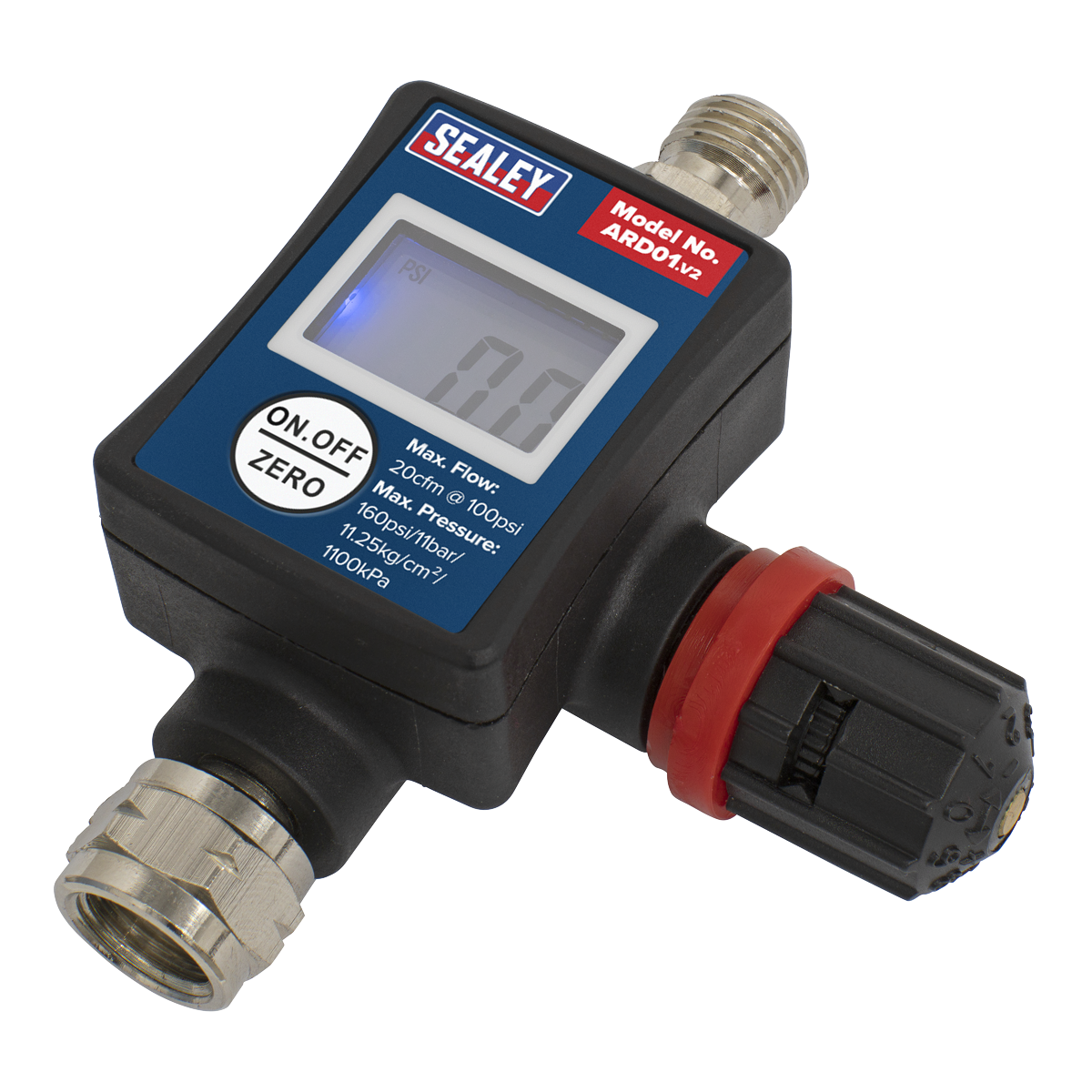 The Sealey On-Gun Digital Pressure Regulator/Gauge - ARD01 provides accurate pressure readings with a convenient digital display. Featuring an on-off button and a zero reset button, this gauge is encased in a sleek black and red design. Enhance your toolkit with this essential spray gun accessory.