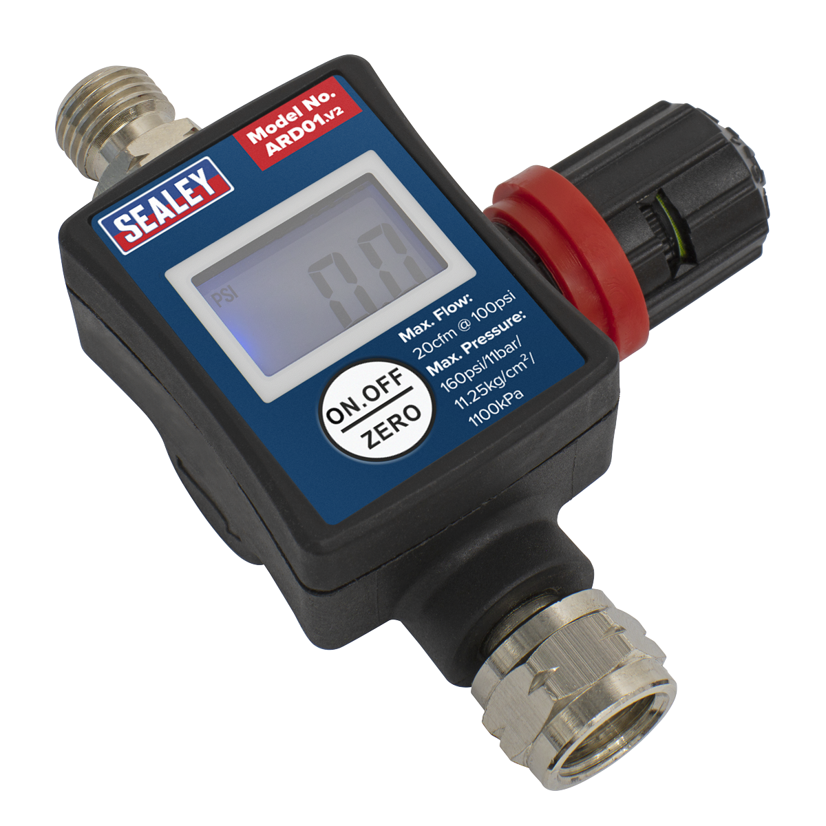The Sealey On-Gun Digital Pressure Regulator/Gauge - ARD01, featuring a blue body, provides precise pressure readings on its digital display, showing "0.0". An on/off button allows for easy zeroing of the gauge. It also displays maximum flow, maximum pressure, and other specifications—making it an ideal choice for spray gun accessories users.
