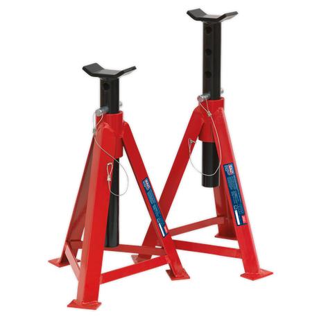 A pair of Sealey Axle Stands (AS5000M) with a 5-tonne capacity per stand, featuring adjustable height, safety pins, and stoppers, meeting top safety standards.