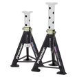 Two welded steel car jack stands labeled "Sealey Axle Stands (Pair) 6 Tonne Capacity per Stand - White," featuring heavy-duty, adjustable columns and safety chains. These stands are designed for maximum stability and reliability.