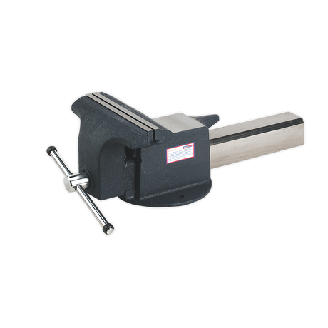 The Sealey Vice 250mm All Steel - ASV250 is a robust bench vise with a swivel base, boasting a substantial central screw and metal handle for precise jaw adjustments, making it ideal for workshop applications.
