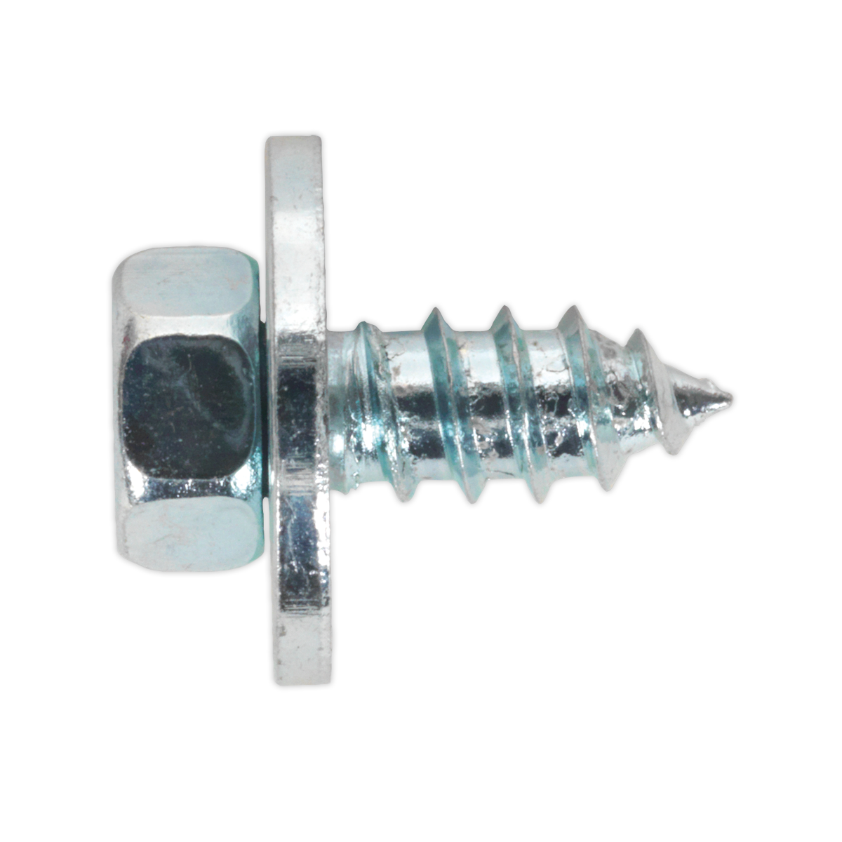 Close-up view of a Sealey Acme Screw with Captive Washer #12 x 1/2" Zinc (Pack of 50, ASW121) featuring a hexagonal head.