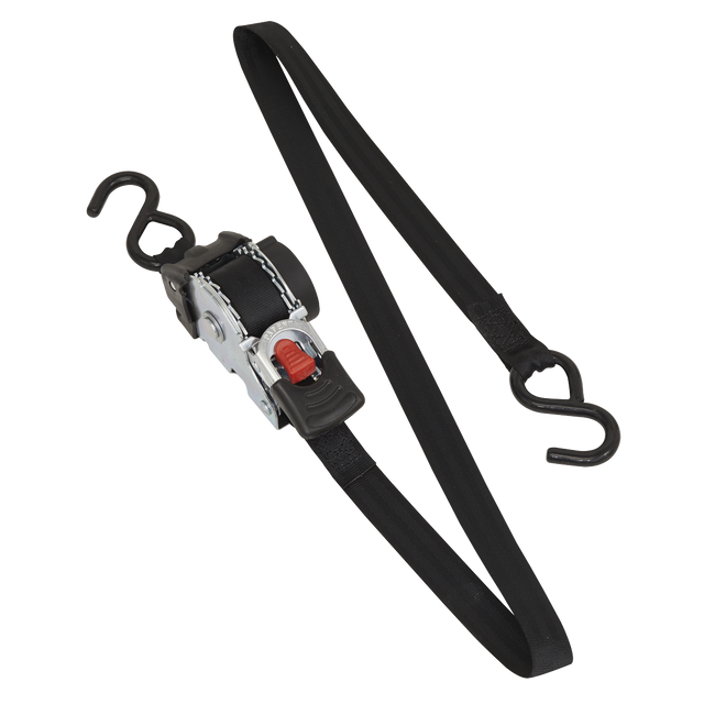 The Sealey Auto Retractable Ratchet Tie Down 25mm x 3m (ATD25301) features a black polyester webbing strap with metal hooks on both ends, designed for load restraint. The strap is partially extended, showcasing the visible ratchet mechanism.