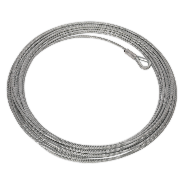 The Sealey Wire Rope (Ø5.4mm x 17m) for ATV2040 - ATV2040.WR, featuring a coiled steel cable with a looped end, is perfect for securing and lifting objects and ideally suited for an ATV2040 recovery winch.