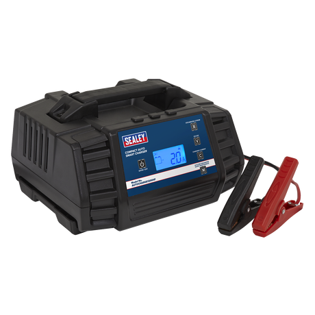 A Sealey Compact Auto Smart Charger & Maintainer 12A 12/24V (AUTOCHARGE1200HF) in black, featuring a digital display, reverse polarity protection, and attached red and black alligator clips.