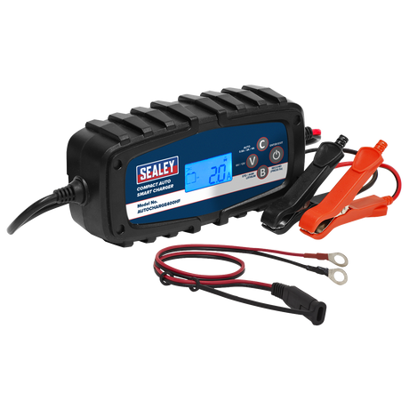 The Sealey Compact Auto Smart Charger & Maintainer 4A 6/12V - AUTOCHARGE400HF is a dual voltage charger with an LCD display. It provides a 2.0A current, features reverse polarity protection, includes attached black and red alligator clips, and comes with an additional wire fitted with ring terminals.