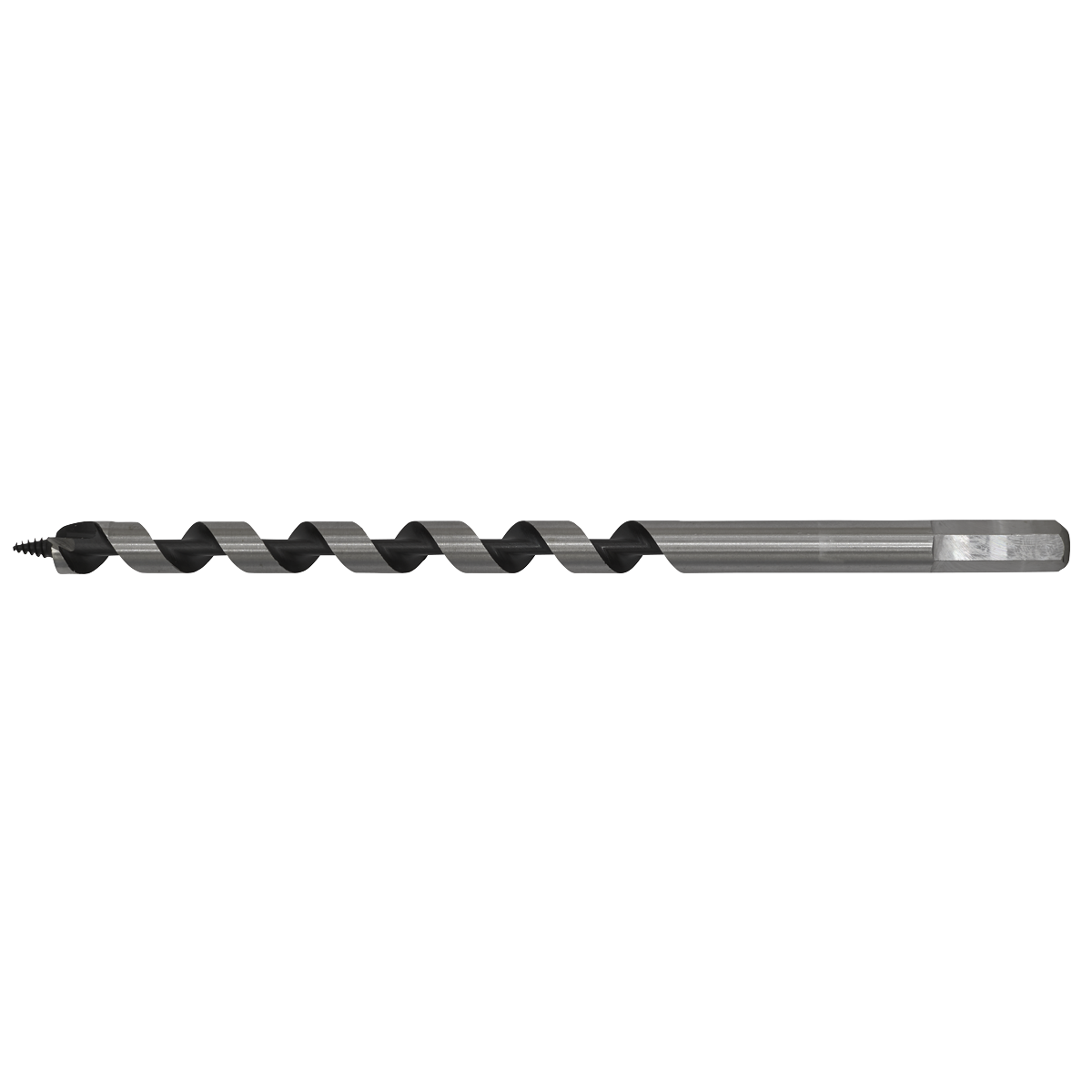 The Sealey Auger Wood Drill Ø12 x 235mm - AW12x235 is a long, industrial-grade drill bit with a hexagonal shank and spiral flute design, featuring a pointed tip for drilling precise holes in materials.