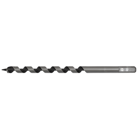 The Sealey Auger Wood Drill Ø12 x 235mm - AW12x235 is a long, industrial-grade drill bit with a hexagonal shank and spiral flute design, featuring a pointed tip for drilling precise holes in materials.