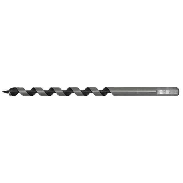 The Sealey Auger Wood Drill Ø12 x 235mm - AW12x235 is a long, industrial-grade drill bit with a hexagonal shank and spiral flute design, featuring a pointed tip for drilling precise holes in materials.
