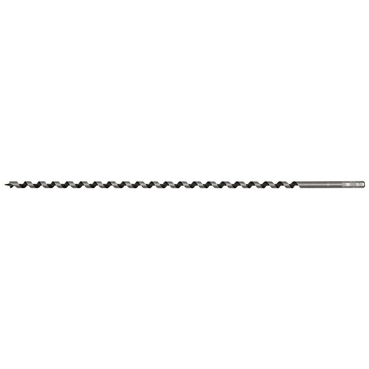 Introducing the Sealey Auger Wood Drill Ø12 x 600mm - AW12x600, a long bit with a black finish, featuring a silver hexagonal shank and screw point, designed for boring holes in various materials.