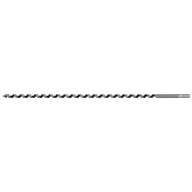 Introducing the Sealey Auger Wood Drill Ø12 x 600mm - AW12x600, a long bit with a black finish, featuring a silver hexagonal shank and screw point, designed for boring holes in various materials.