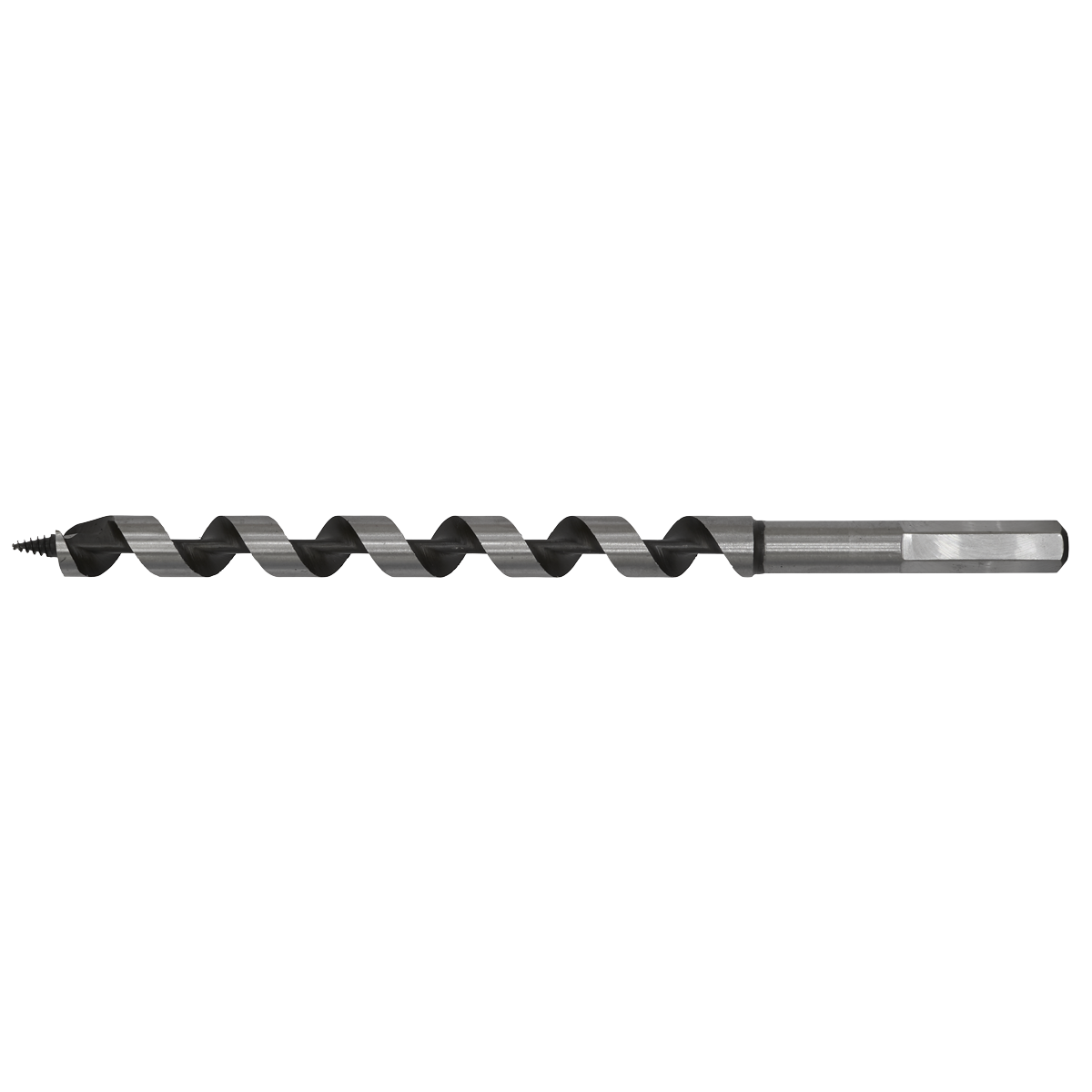The Sealey Auger Wood Drill Ø14 x 235mm (Model: AW14x235) is a long, spiral-shaped drill bit with a helical design, featuring a sharp point at one end and a fully hardened hexagonal shank at the other.