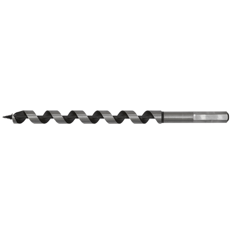 The Sealey Auger Wood Drill Ø14 x 235mm (Model: AW14x235) is a long, spiral-shaped drill bit with a helical design, featuring a sharp point at one end and a fully hardened hexagonal shank at the other.