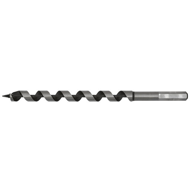 The Sealey Auger Wood Drill Ø14 x 235mm (Model: AW14x235) is a long, spiral-shaped drill bit with a helical design, featuring a sharp point at one end and a fully hardened hexagonal shank at the other.