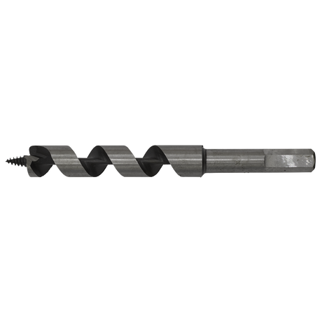 The Sealey Auger Wood Drill Ø16 x 155mm - AW16x155, featuring a spiral design, hexagonal shank, and screw point tip for drilling holes in wood, isolated on a white background.