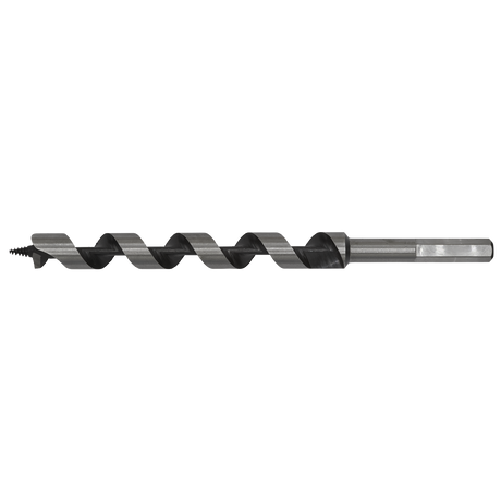 The Sealey Auger Wood Drill Ø18 x 235mm - AW18x235, a metal auger wood drill bit with a spiral design and a screw point tip, designed for boring into wood, displayed against a white background.