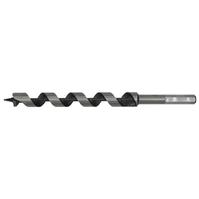 The Sealey Auger Wood Drill Ø18 x 235mm - AW18x235, a metal auger wood drill bit with a spiral design and a screw point tip, designed for boring into wood, displayed against a white background.