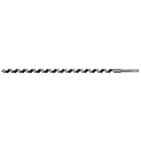 Introducing the Sealey Auger Wood Drill Ø18 x 600mm - AW18x600, a precision wood drilling tool featuring a long spiral design, hexagonal shank, and screw point tip.